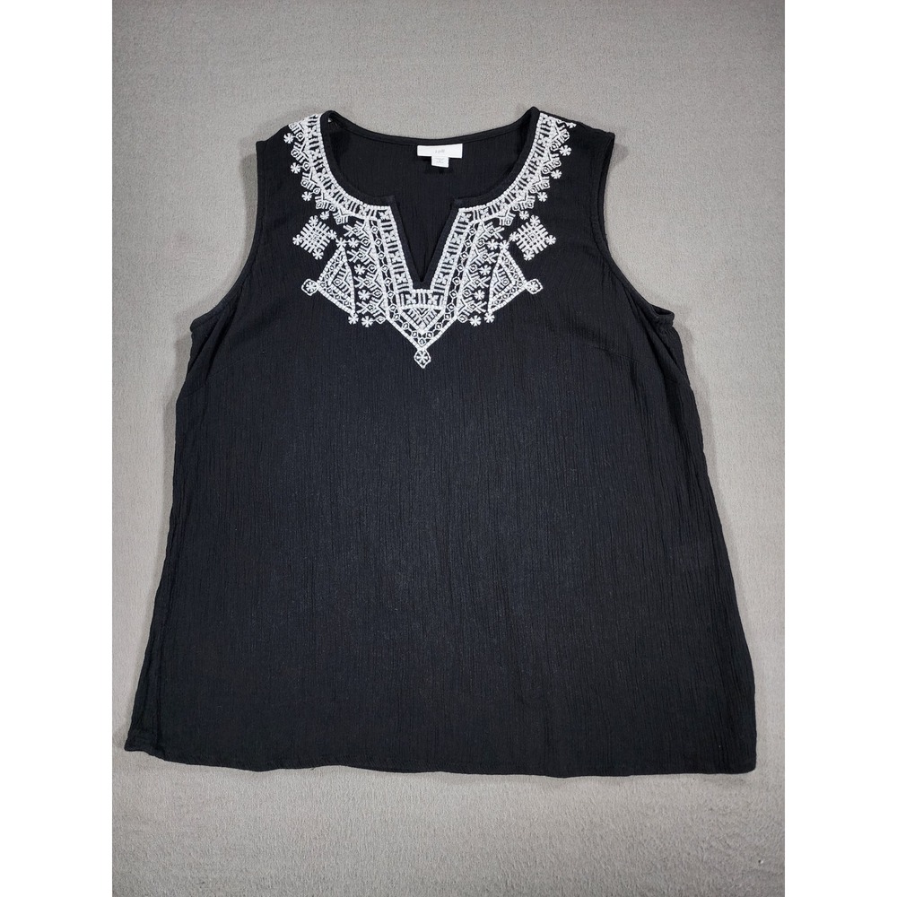 J Jill Gauze Tank Top Split V Neck Crochet Embroidered Trim Small Petite Breezy